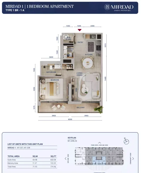 Floor plan, 1 Bed, 774 sq ft