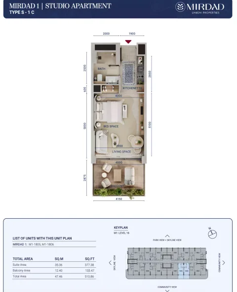 Floor plan, Studio, 510 sq ft