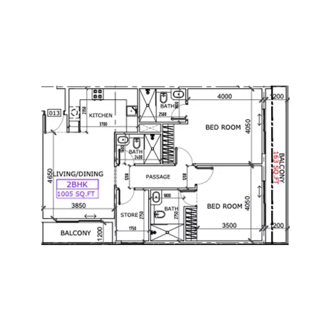 Floor plan, 2 Beds, 1,005 sq ft