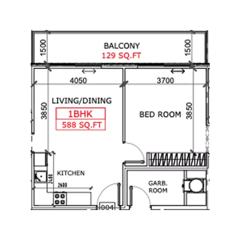Floor plan, 1 Bed, 588 sq ft