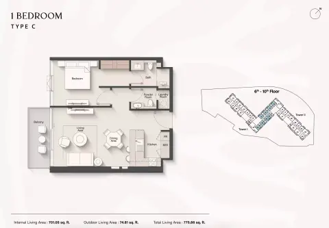 Floor plan, 1 Bed, 775 sq ft