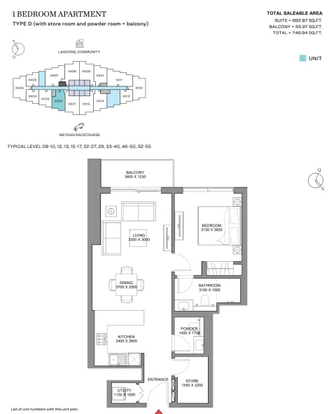 Floor plan, 1 Bed, 748 sq ft