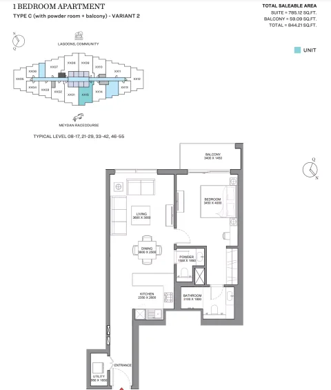 Floor plan, 1 Bed, 844 sq ft