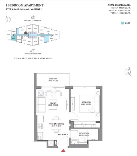Floor plan, 1 Bed, 496 sq ft