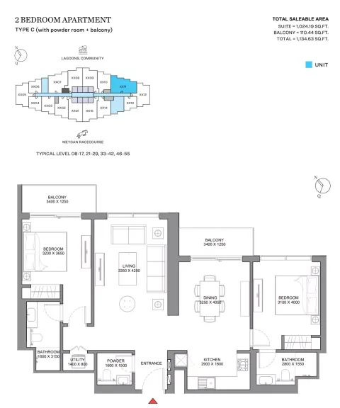 Floor plan, 2 Beds, 1,134 sq ft