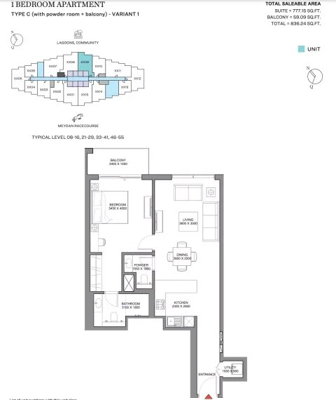 Floor plan, 1 Bed, 836 sq ft