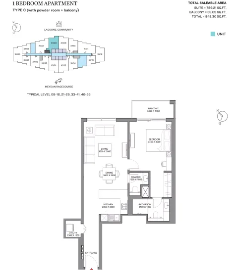 Floor plan, 1 Bed, 848 sq ft