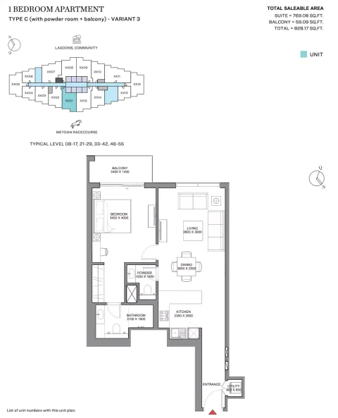 Floor plan, 1 Bed, 828 sq ft