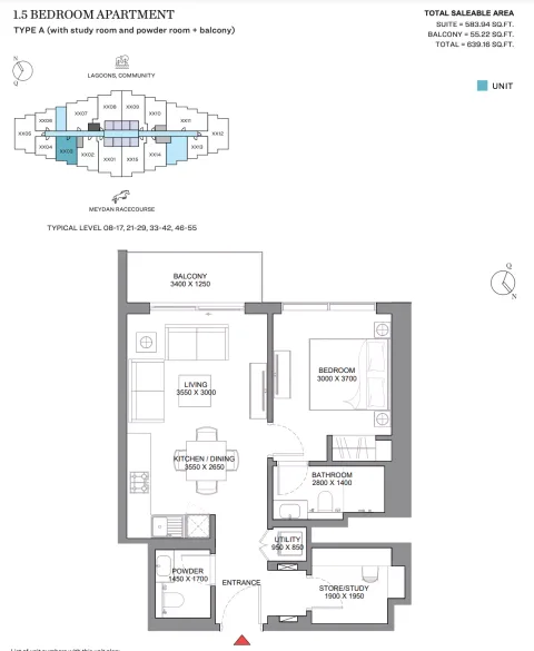 Floor plan, 2 Beds, 639 sq ft