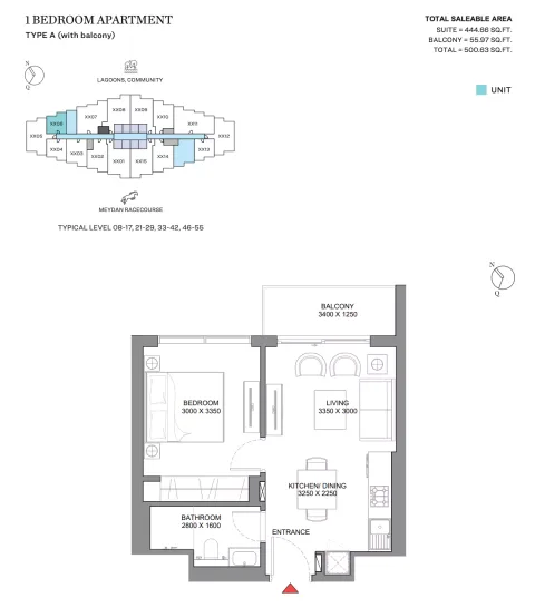 Floor plan, 1 Bed, 500 sq ft