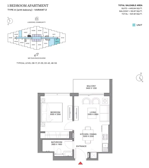 Floor plan, 1 Bed, 501 sq ft