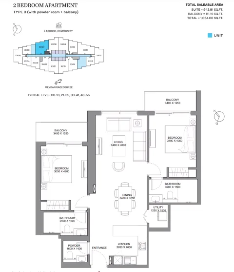 Floor plan, 2 Beds, 1,054 sq ft