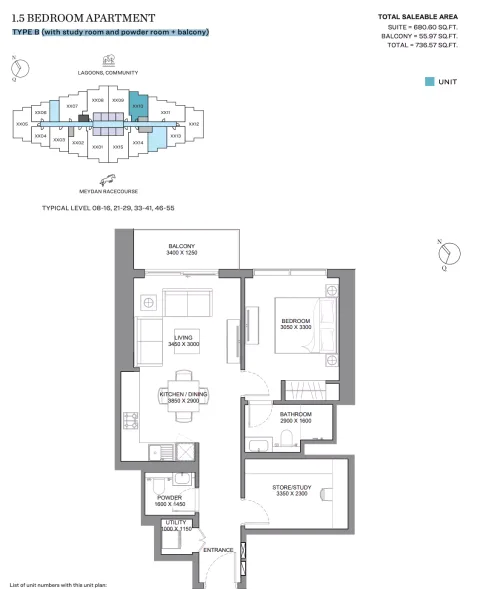 Floor plan, 2 Beds, 736 sq ft