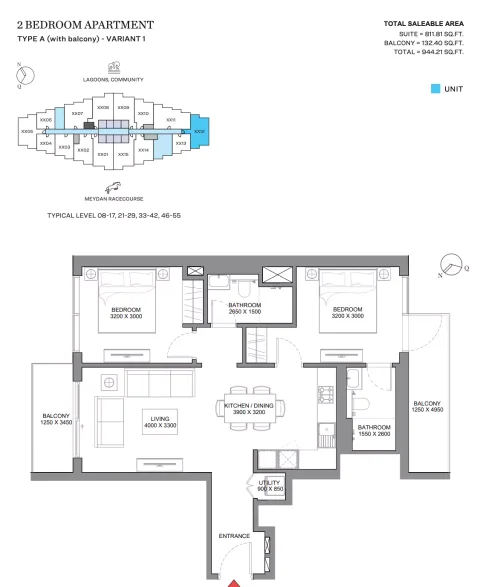 Floor plan, 2 Beds, 944 sq ft