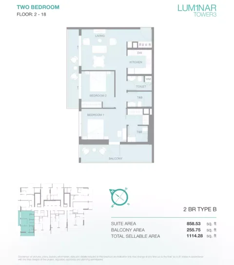 Floor plan, 2 Beds, 1,114 sq ft