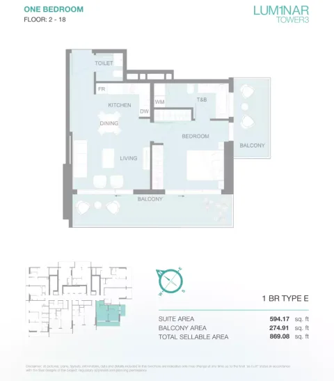 Floor plan, 1 Bed, 869 sq ft
