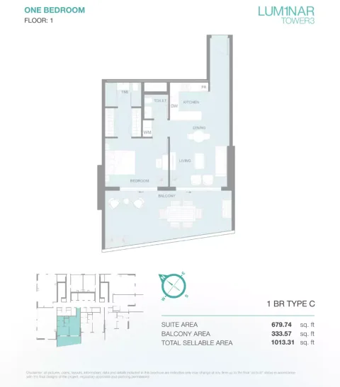 Floor plan, 1 Bed, 1,013 sq ft