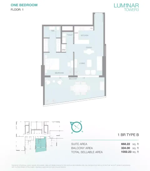 Floor plan, 1 Bed, 1,002 sq ft