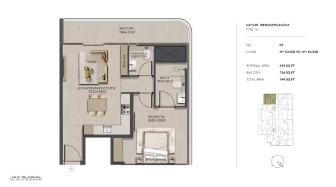 Floor plan, 1 Bed, 744 sq ft