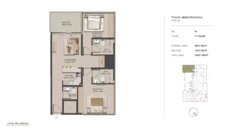 Floor plan, 2 Beds, 1,075 sq ft