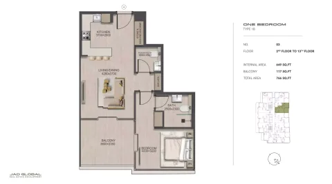 Floor plan, 1 Bed, 766 sq ft