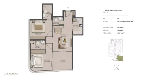 Floor plan, 2 Beds, 1,104 sq ft