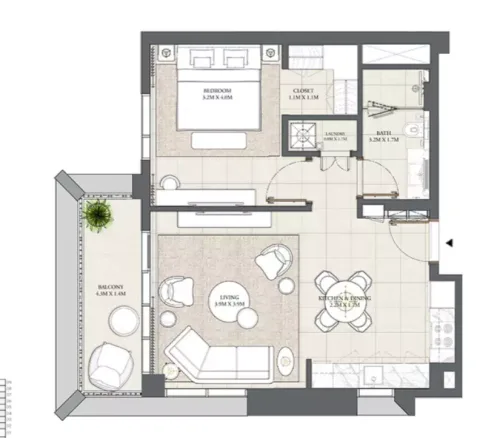 Floor plan, 1 Bed, 701 sq ft