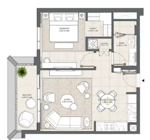 Floor plan, 1 Bed, 714 sq ft