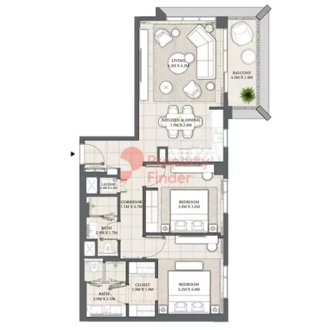 Floor plan, 2 Beds, 997 sq ft