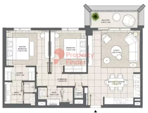 Floor plan, 2 Beds, 1,008 sq ft