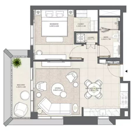 Floor plan, 1 Bed, 706 sq ft