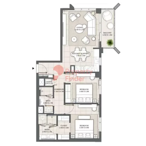 Floor plan, 2 Beds, 1,006 sq ft
