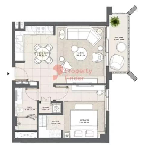 Floor plan, 1 Bed, 707 sq ft