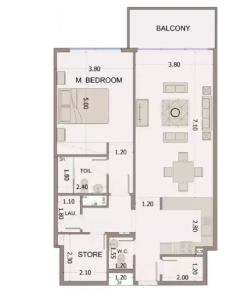 Floor plan, 1 Bed, 991 sq ft