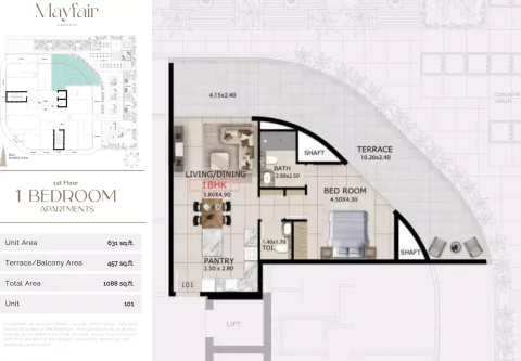 Floor plan, 1 Bed, 1,088 sq ft