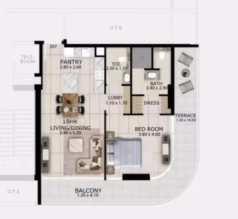Floor plan, 1 Bed, 1,033 sq ft