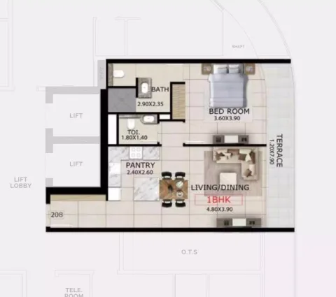Floor plan, 1 Bed, 821 sq ft
