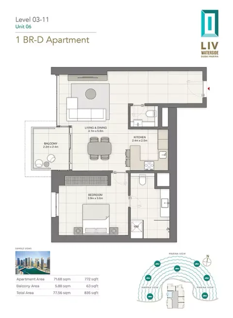 Floor plan, 1 Bed, 835 sq ft