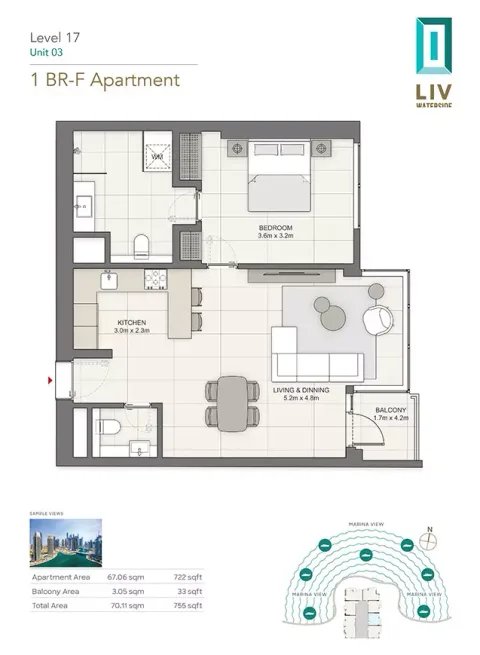 Floor plan, 1 Bed, 755 sq ft