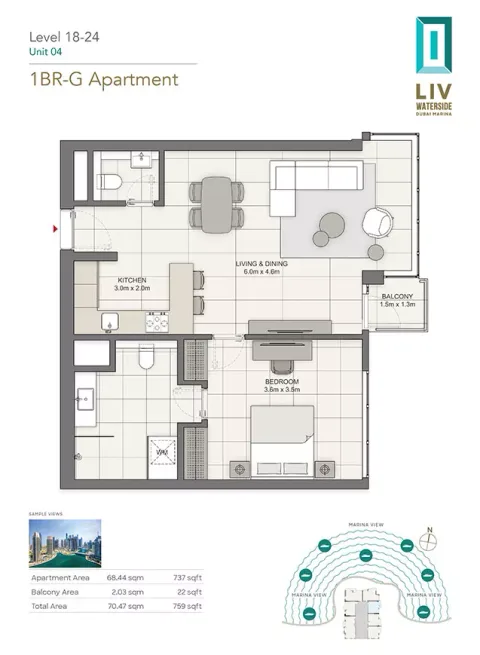 Floor plan, 1 Bed, 759 sq ft