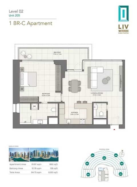 Floor plan, 1 Bed, 1,020 sq ft