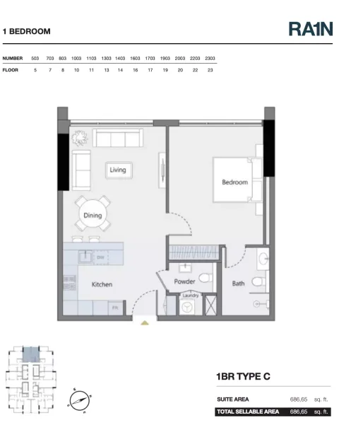 Floor plan, 1 Bed, 686 sq ft