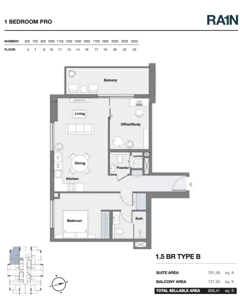 Floor plan, 2 Beds, 929 sq ft