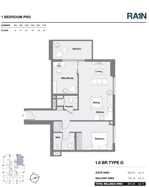 Floor plan, 2 Beds, 907 sq ft