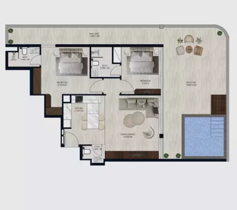 Floor plan, 2 Beds, 1,210 sq ft