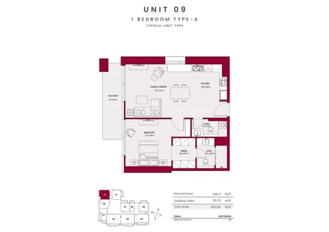 Floor plan, 1 Bed, 852 sq ft