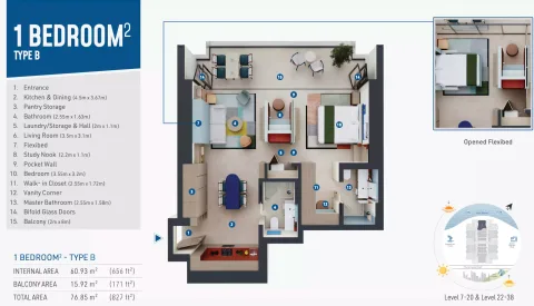 Floor plan, 1 Bed, 827 sq ft