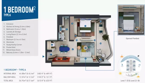 Floor plan, 1 Bed, 613 sq ft