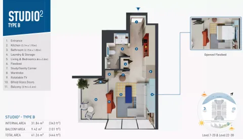 Floor plan, Studio, 444 sq ft