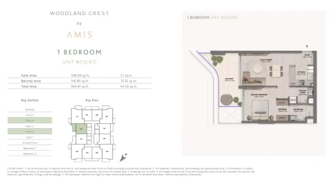 Floor plan, 1 Bed, 694 sq ft
